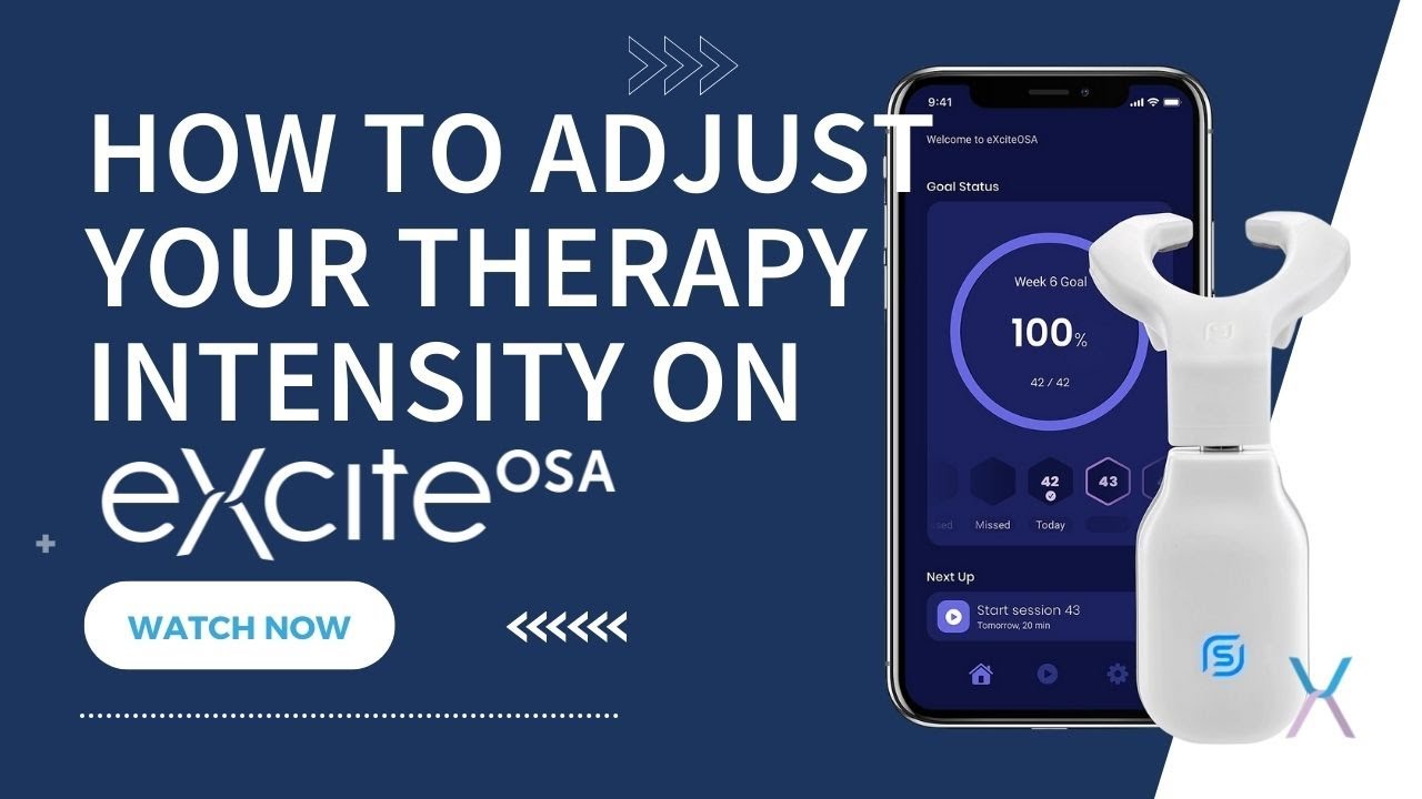 Image showing the eXciteOSA mouthpiece with a smartphone. The eXciteOSA app is installed and shows how to adjust the therapy intensity.