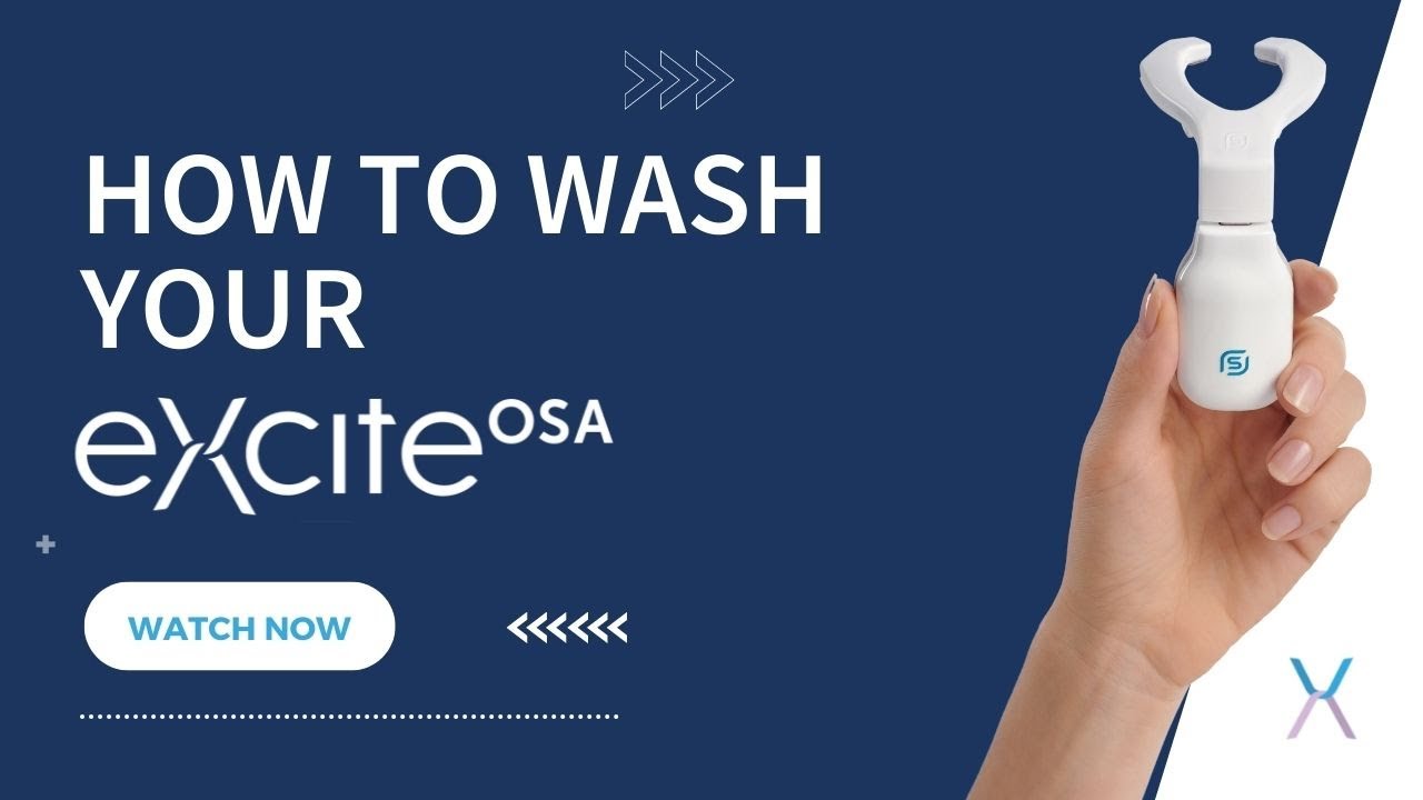 Image shows a hand holding the eXciteOSA mouthpiece and reads 'how to wash your eXciteOSA